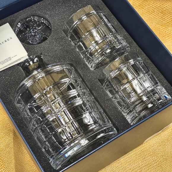 Ralph Lauren Hudson Plaid Crystal Decanter Carafe & 2 Tumbler Glasses Gift Set - Picture 10 of 16